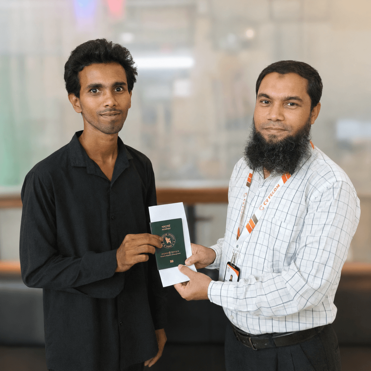 CV Felow advisor passing an approved passport across a desk to a client