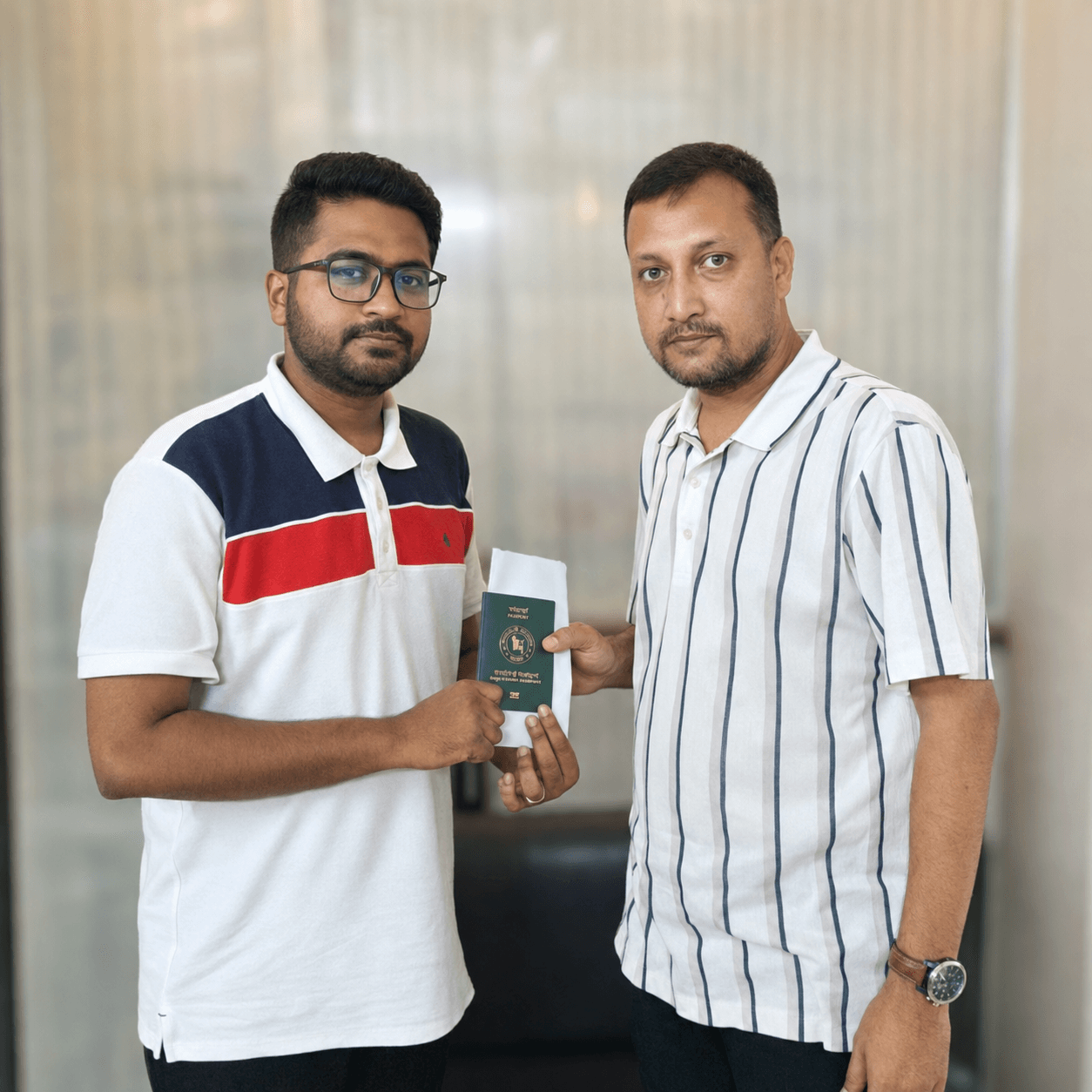 Two CV Felow clients together holding an approved passport and visa documents